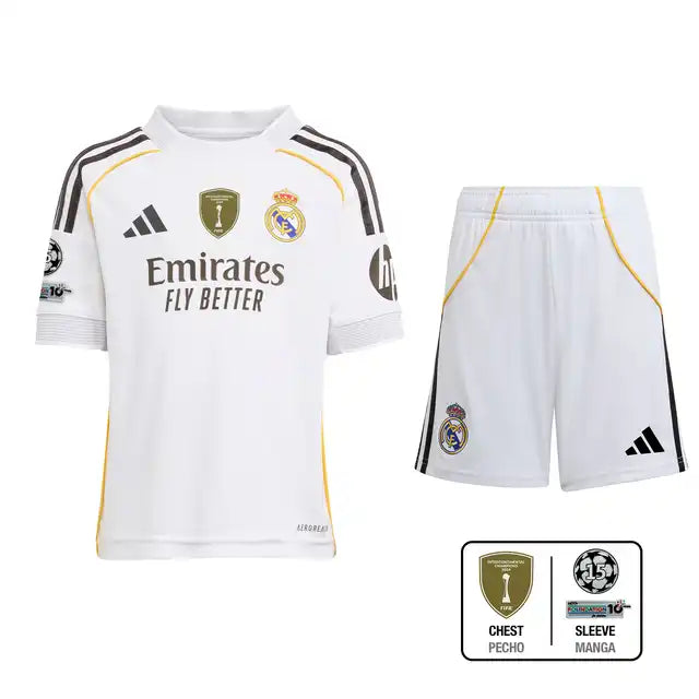 Dziecięcy zestaw piłkarski Real Madrid Home Soccer Jersey (koszulka + spodenki + skarpetki) 2025/26 Top Koszulki Pilka Sklep