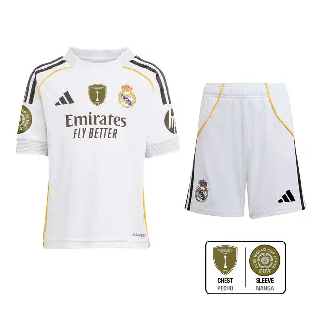 Dziecięcy zestaw piłkarski Real Madrid Home Soccer Jersey (koszulka + spodenki + skarpetki) 2025/26 Top Koszulki Pilka Sklep