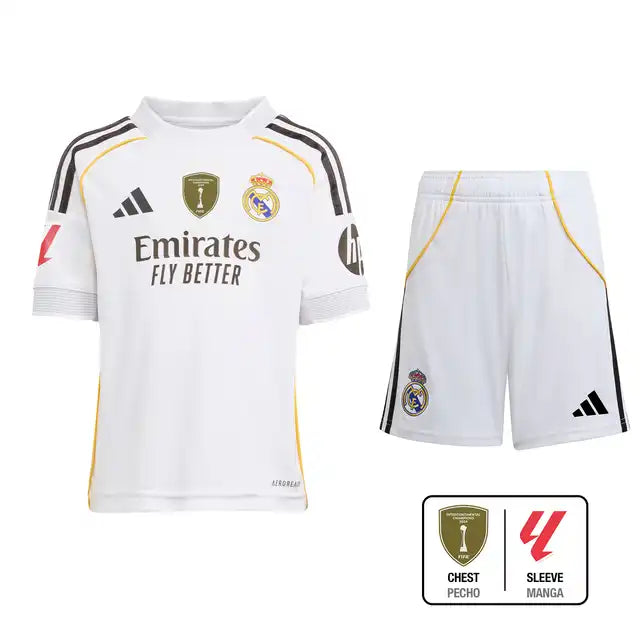 Dziecięcy zestaw piłkarski Real Madrid Home Soccer Jersey (koszulka + spodenki + skarpetki) 2025/26 Top Koszulki Pilka Sklep